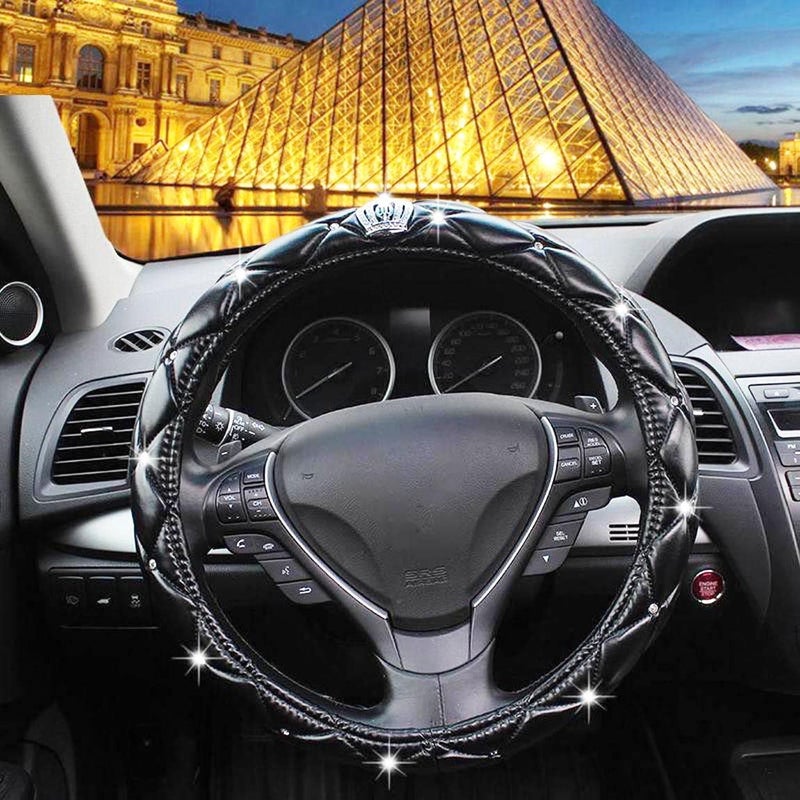 acdiac Full Sparkly Rhinestone car Steering Wheel Cover Universal Leather Steering Wheel Cover Auto Car Styling Interior Decor Accessories (Black Crown) - Image 4